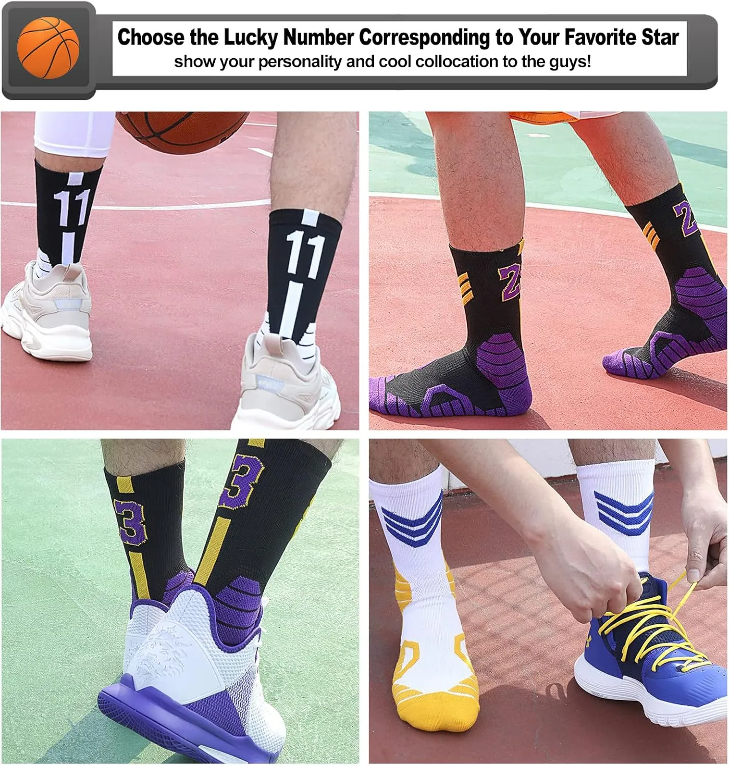 2-Pairs Basketball-Socks-for-Men & Boys, Basketball Team Lucky Number Sports-Star-Socks for Child & Adult