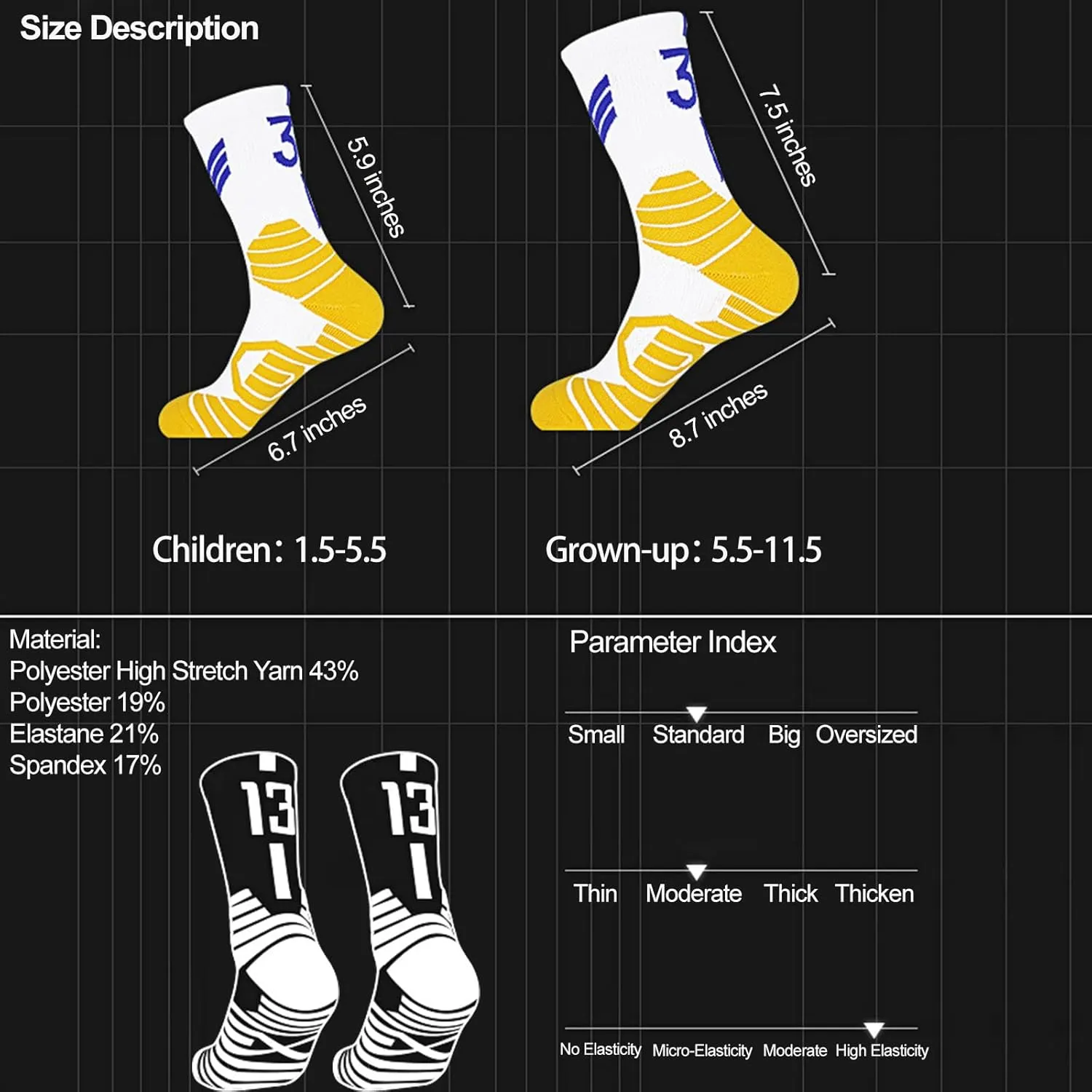 2-Pairs Basketball-Socks-for-Men & Boys, Basketball Team Lucky Number Sports-Star-Socks for Child & Adult
