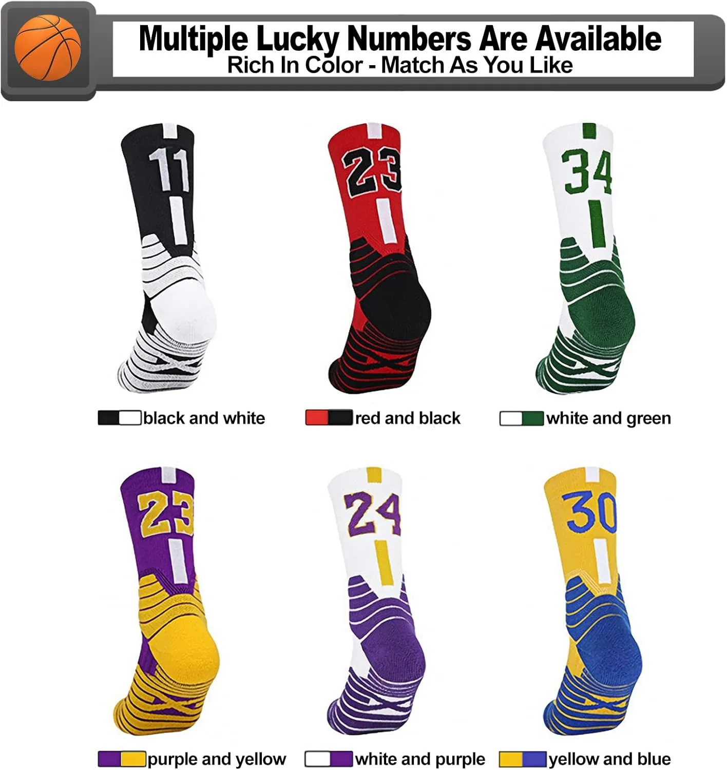 2-Pairs Basketball-Socks-for-Men & Boys, Basketball Team Lucky Number Sports-Star-Socks for Child & Adult