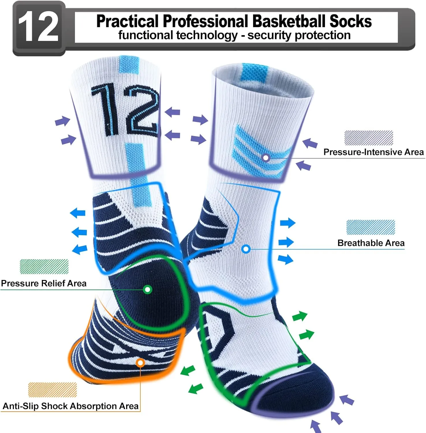 2-Pairs Basketball-Socks-for-Men & Boys, Basketball Team Lucky Number Sports-Star-Socks for Child & Adult