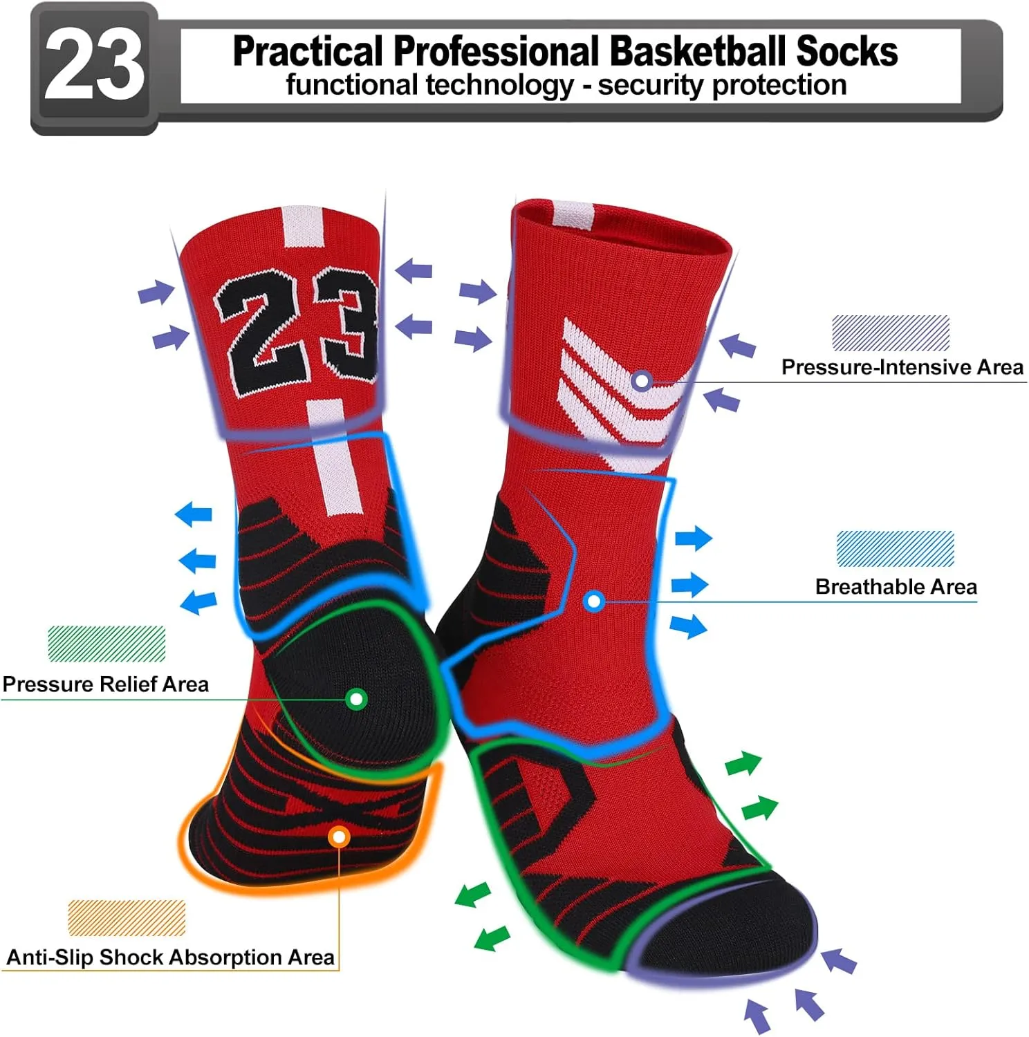 2-Pairs Basketball-Socks-for-Men & Boys, Basketball Team Lucky Number Sports-Star-Socks for Child & Adult