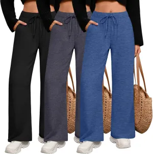 3 Pack Women's Lounge Pants with Pockets Casual Wide Leg Drawstring Yoga Pants Straight Trousers Spring Bottoms