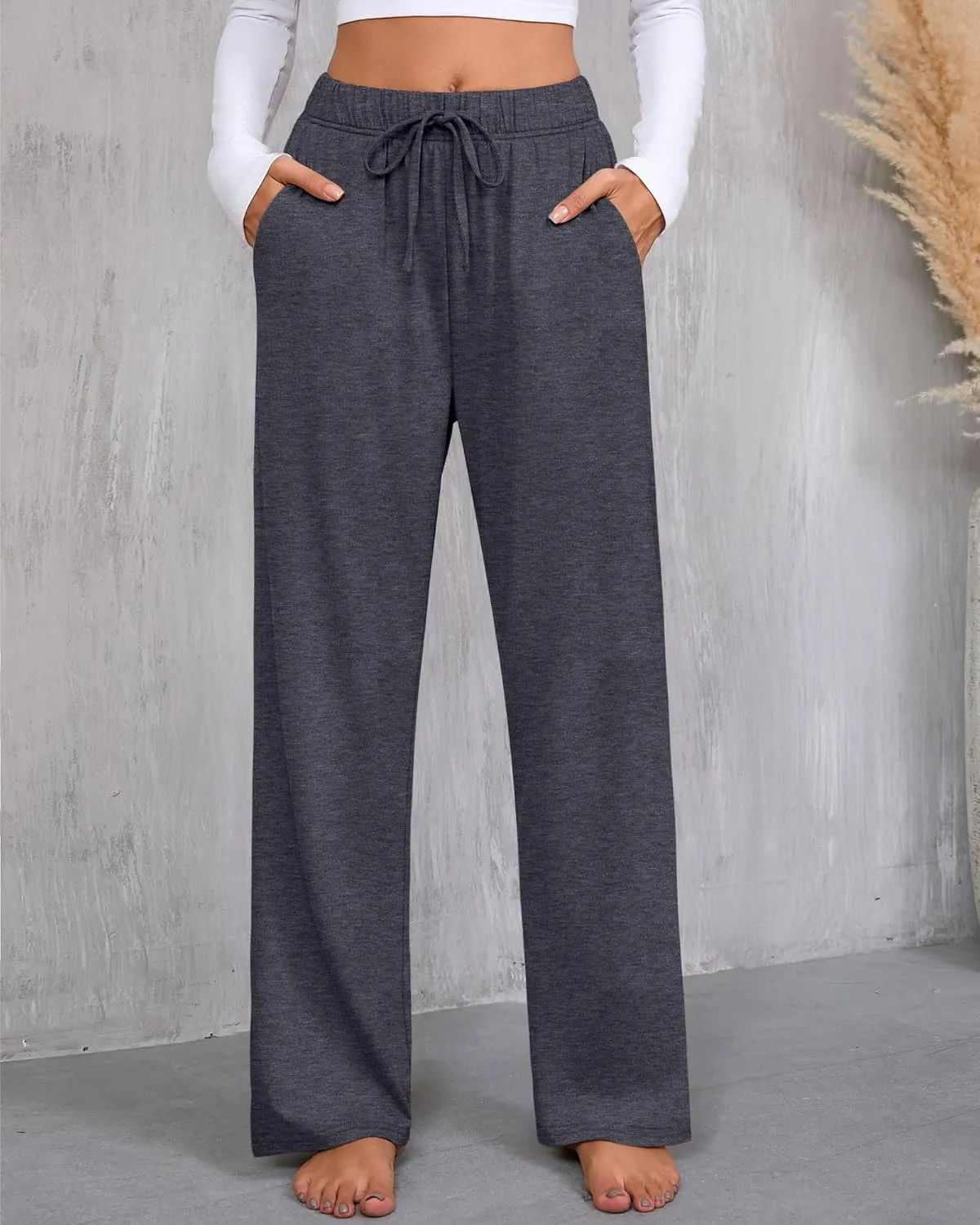 3 Pack Women's Lounge Pants with Pockets Casual Wide Leg Drawstring Yoga Pants Straight Trousers Spring Bottoms