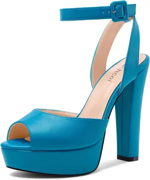 Aachcol Womens Chunky Block High Platform Heel Peep Open Toe Sandals Ankle Strap Slingback Buckle Prom Dress Summer 5.1 Inches Heels