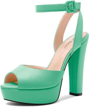 Aachcol Womens Chunky Block High Platform Heel Peep Open Toe Sandals Ankle Strap Slingback Buckle Prom Dress Summer 5.1 Inches Heels