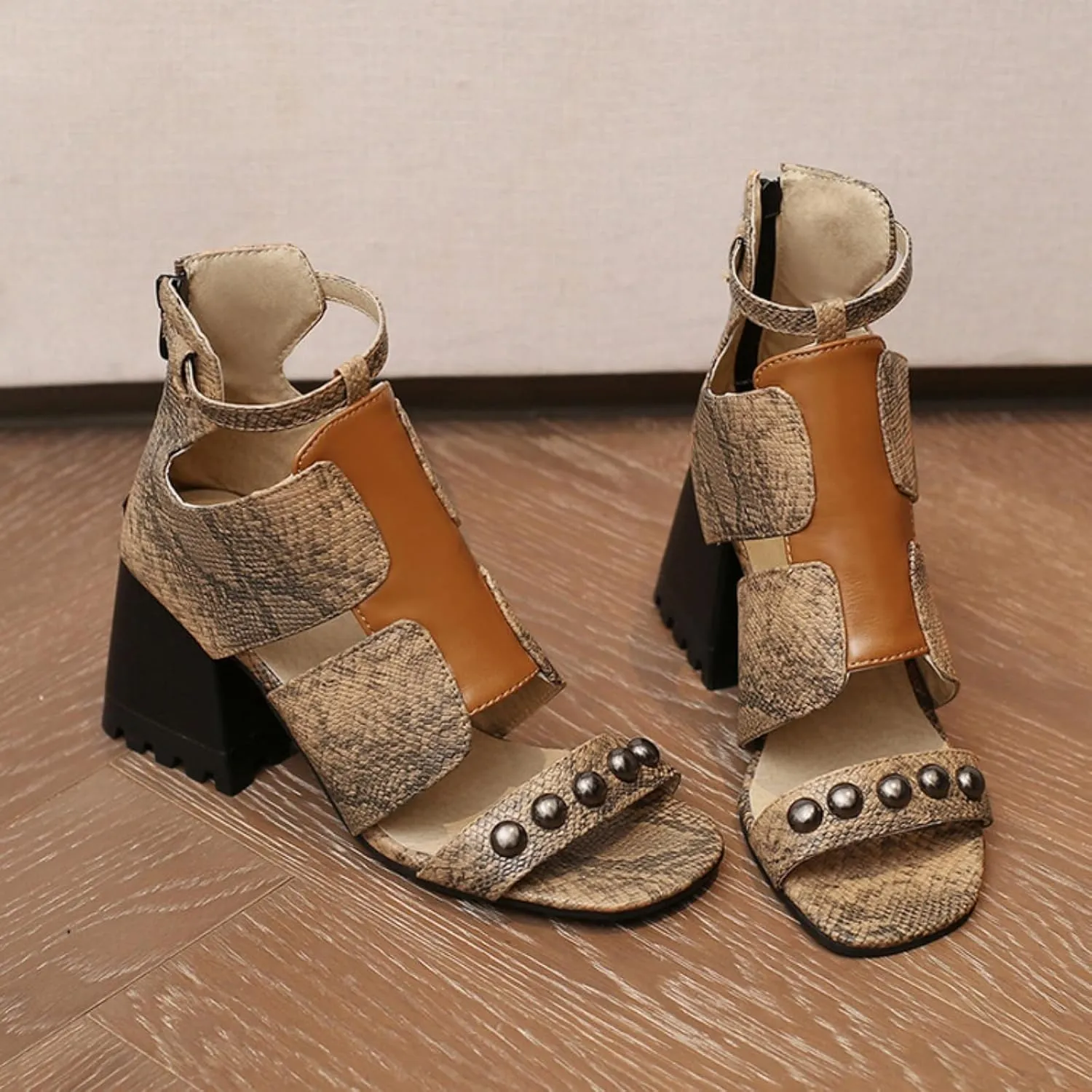 Aflngle Women's Snakeskin Printed Chunky Heel Block Open Toe Sandals Fashion Studded Snake Print Back Zipper Summer Casual Beach Dressy Party High Heeled Sandal Shoes