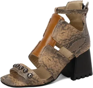 Aflngle Women's Snakeskin Printed Chunky Heel Block Open Toe Sandals Fashion Studded Snake Print Back Zipper Summer Casual Beach Dressy Party High Heeled Sandal Shoes