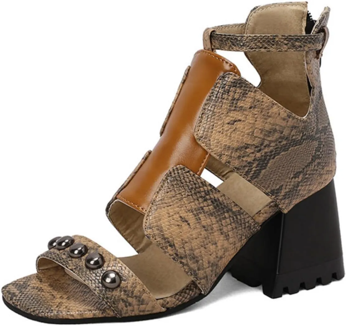Aflngle Women's Snakeskin Printed Chunky Heel Block Open Toe Sandals Fashion Studded Snake Print Back Zipper Summer Casual Beach Dressy Party High Heeled Sandal Shoes