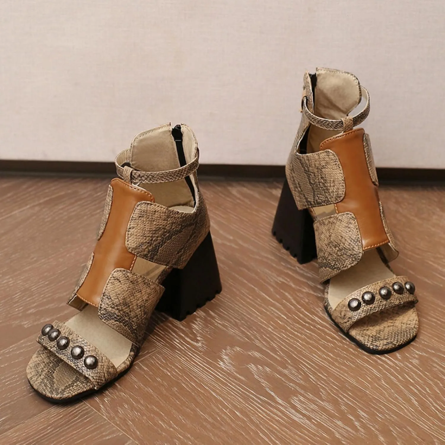 Aflngle Women's Snakeskin Printed Chunky Heel Block Open Toe Sandals Fashion Studded Snake Print Back Zipper Summer Casual Beach Dressy Party High Heeled Sandal Shoes