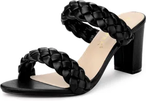 Allegra K Women's Braided Heeled Slip on Chunky Heel Slide Sandals
