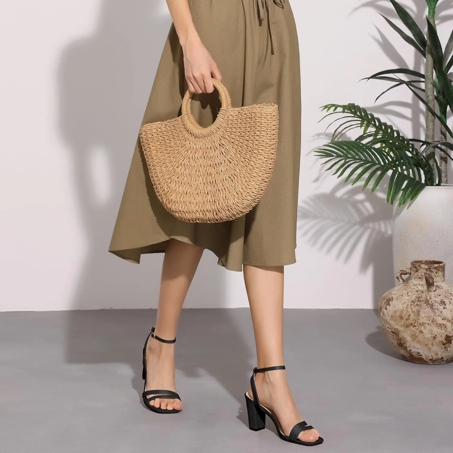 Allegra K Women's Chunky Heel Raffia Heels Bohemia Square Toe Slingback Strappy Linen Sandals