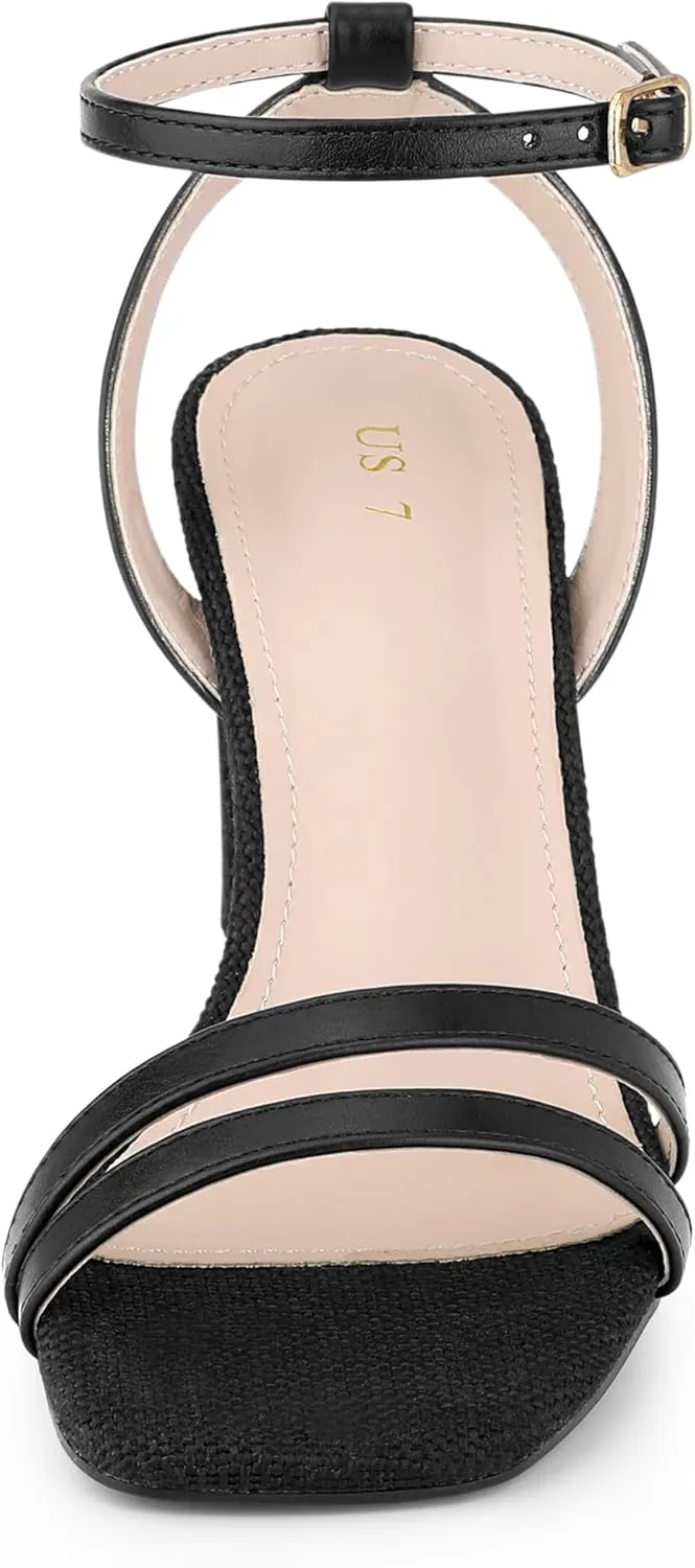Allegra K Women's Chunky Heel Raffia Heels Bohemia Square Toe Slingback Strappy Linen Sandals