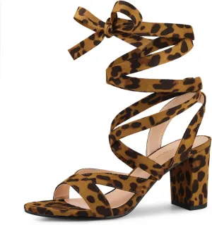 Allegra K Women's Crisscross Chunky Heel Lace Ups Sandals