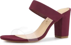 Allegra K Women's Dual Clear Strap Block Heels Slides Sandals
