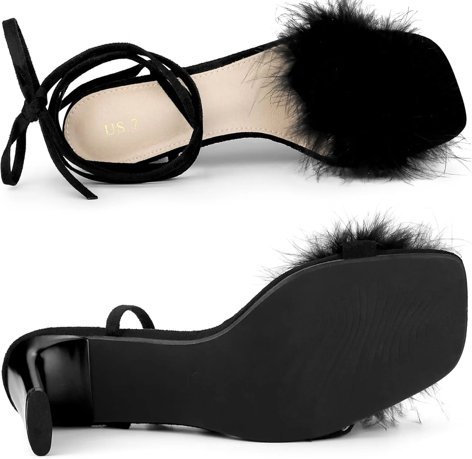 Allegra K Women's Faux Fur Slingback Block Heels Lace Up Sandals