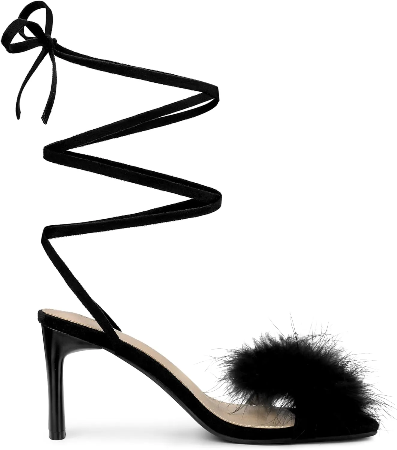 Allegra K Women's Faux Fur Slingback Block Heels Lace Up Sandals
