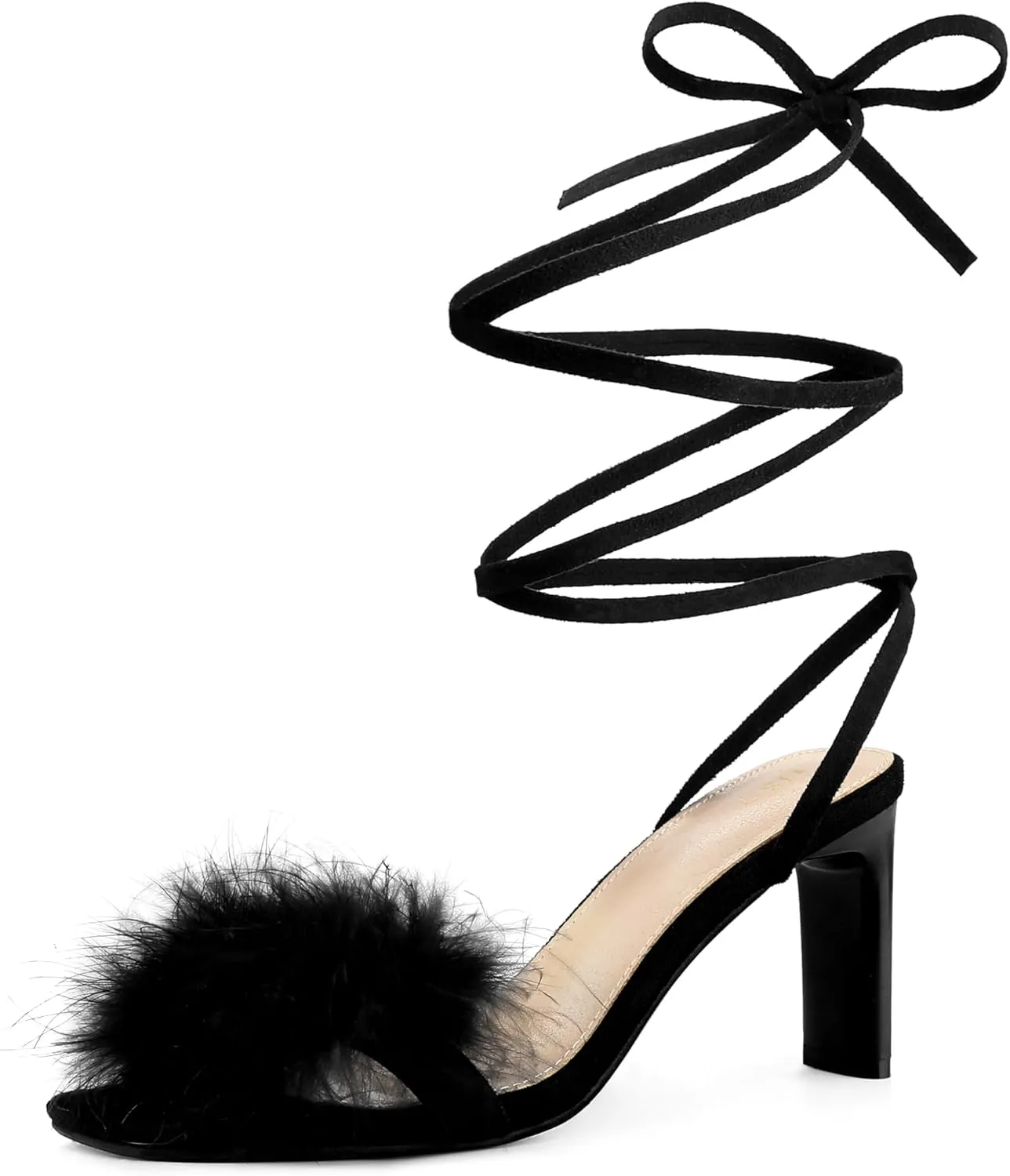 Allegra K Women's Faux Fur Slingback Block Heels Lace Up Sandals