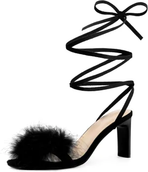 Allegra K Women's Faux Fur Slingback Block Heels Lace Up Sandals