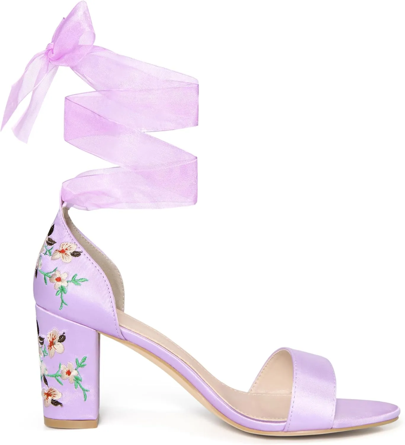 Allegra K Women's Floral Heels Satin Lace Up Chunky Heel Sandals