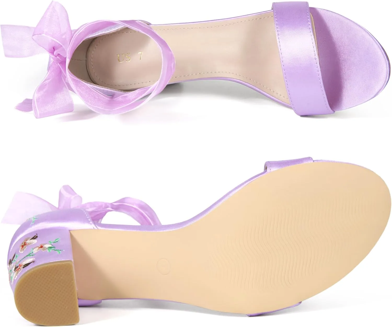 Allegra K Women's Floral Heels Satin Lace Up Chunky Heel Sandals