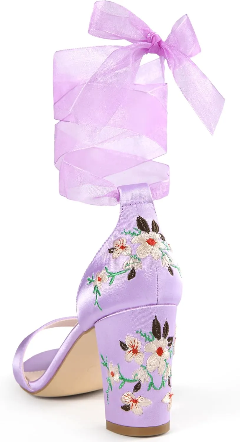 Allegra K Women's Floral Heels Satin Lace Up Chunky Heel Sandals