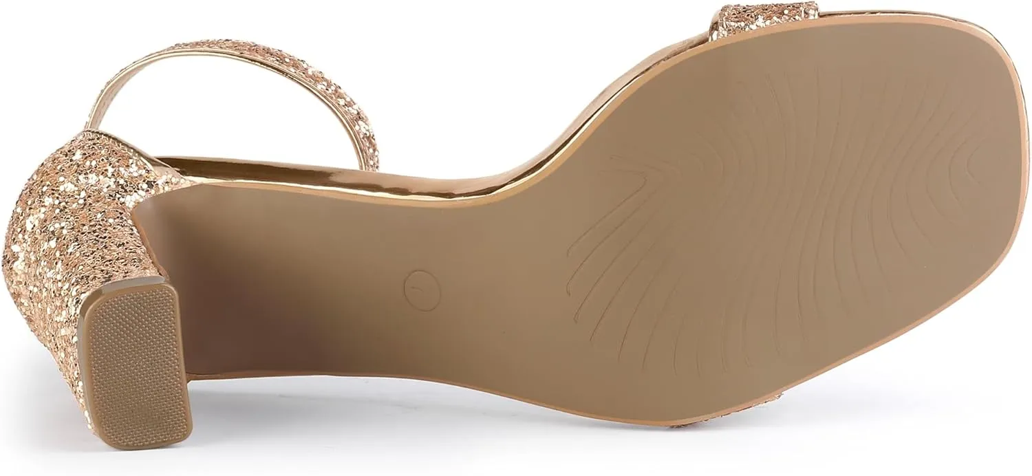 Allegra K Women's Glitter Ankle Strap Chunky Heeled Sandals