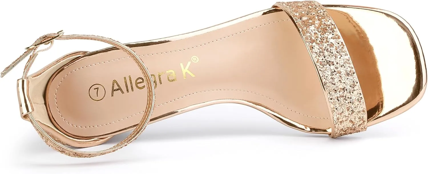 Allegra K Women's Glitter Ankle Strap Chunky Heeled Sandals