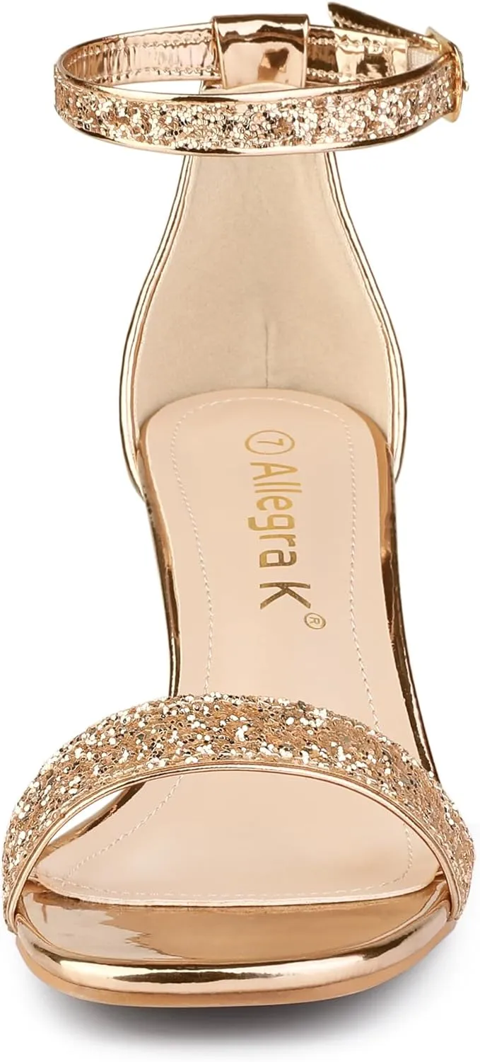 Allegra K Women's Glitter Ankle Strap Chunky Heeled Sandals