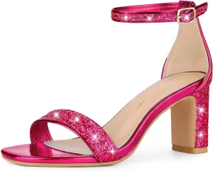 Allegra K Women's Glitter Ankle Strap Chunky Heeled Sandals
