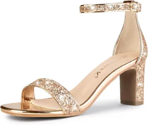 Allegra K Women's Glitter Ankle Strap Chunky Heeled Sandals