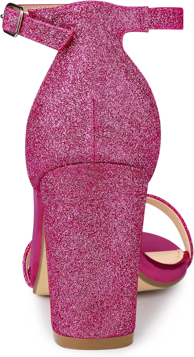 Allegra K Women's Glitter Ankle Strap Chunky Heels Sandals