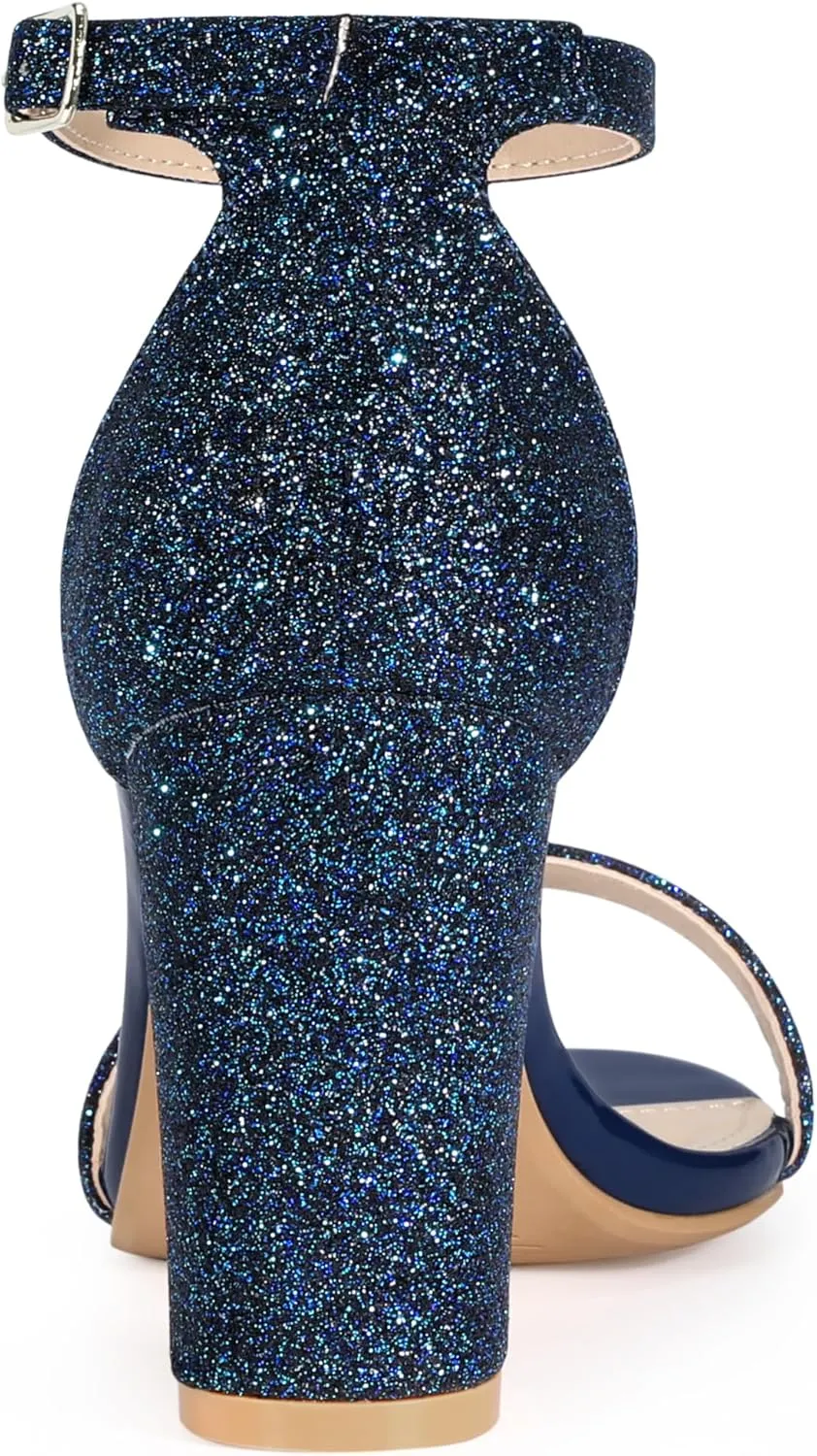 Allegra K Women's Glitter Ankle Strap Chunky Heels Sandals