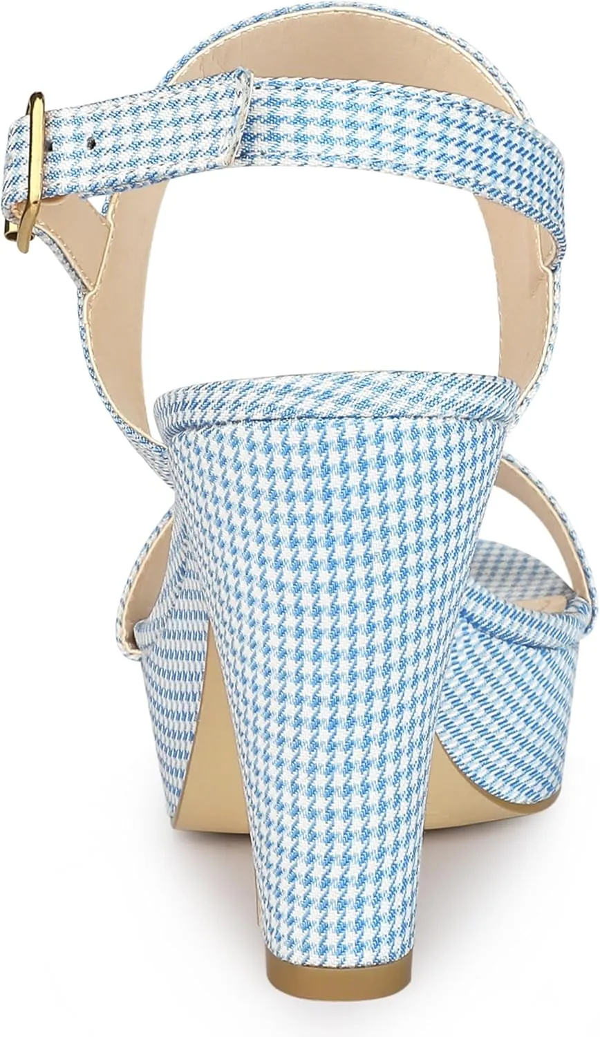 Allegra K Women's Platform Heels Houndstooth Plaid Print Chunky Heel Sandals