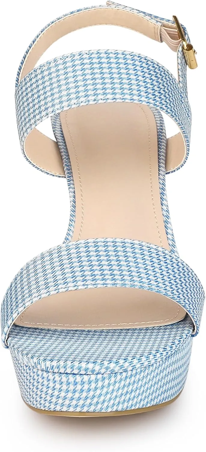Allegra K Women's Platform Heels Houndstooth Plaid Print Chunky Heel Sandals