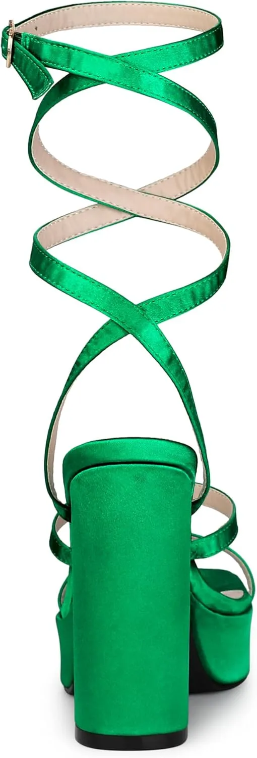 Allegra K Women's Platform Heels Square Toe Chunky High Heel Satin Sandals