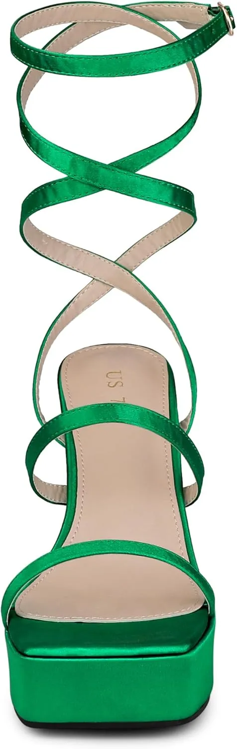 Allegra K Women's Platform Heels Square Toe Chunky High Heel Satin Sandals
