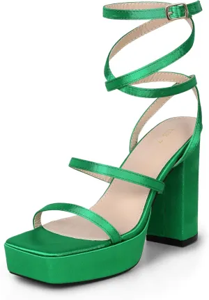 Allegra K Women's Platform Heels Square Toe Chunky High Heel Satin Sandals