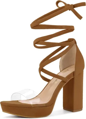 Allegra K Women's Platform Lace Up Clear Chunky Heels Sandals