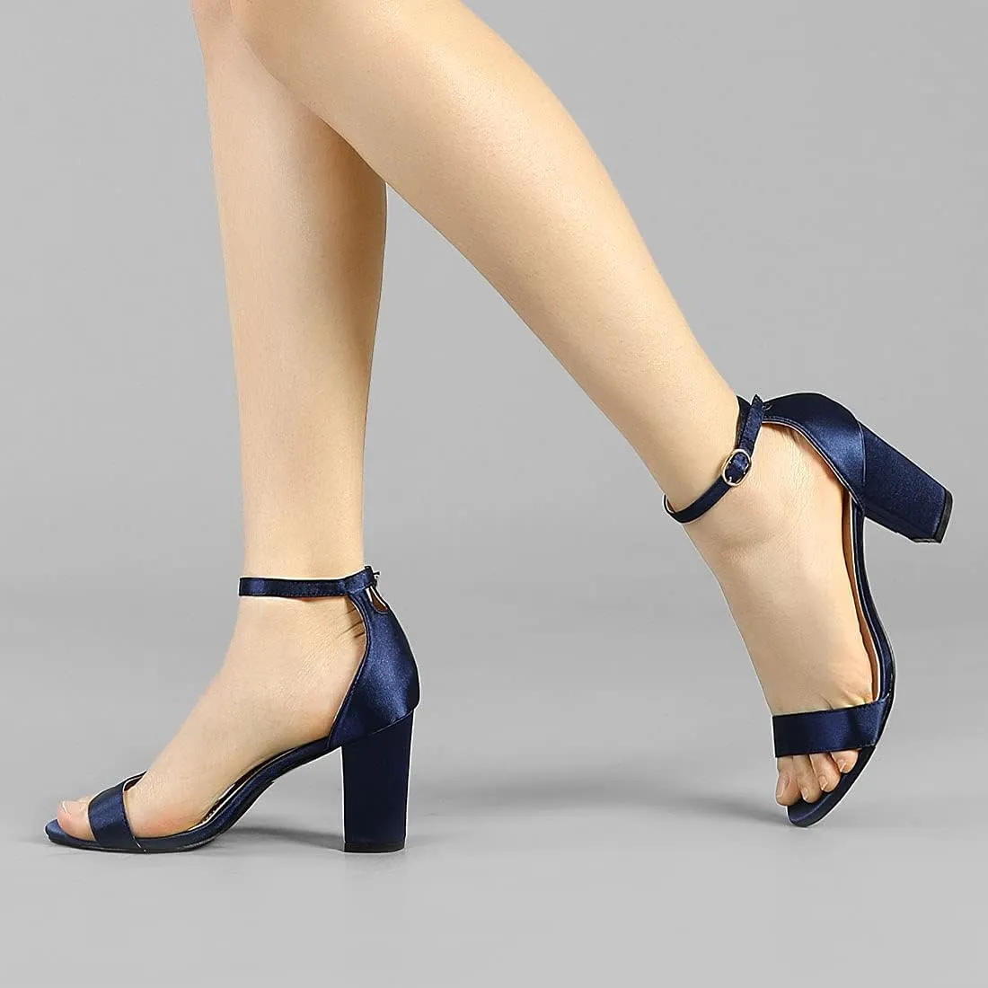 Allegra K Women's Satin Open Toe Ankle Strap Chunky Heels Sandals