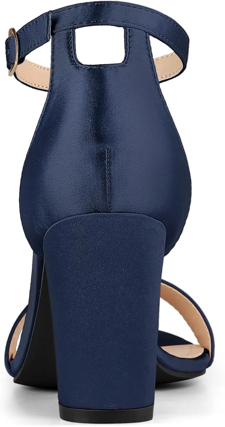 Allegra K Women's Satin Open Toe Ankle Strap Chunky Heels Sandals