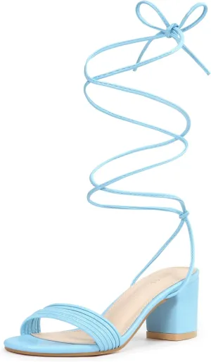 Allegra K Women's Sparkle Strappy Lace Up Block Heels Sandals
