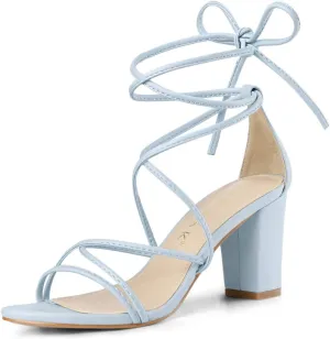 Allegra K Women's Strappy Lace Up Chunky Heeled Sandals
