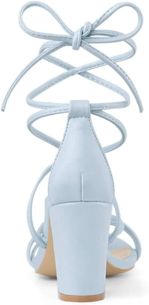 Allegra K Women's Strappy Lace Up Chunky Heeled Sandals