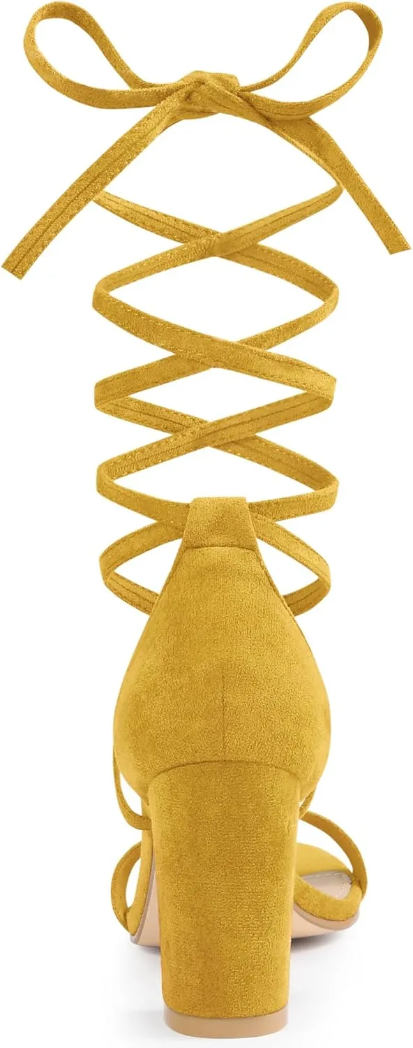 Allegra K Women's Strappy Lace Up Heel Chunky High Heels Sandals