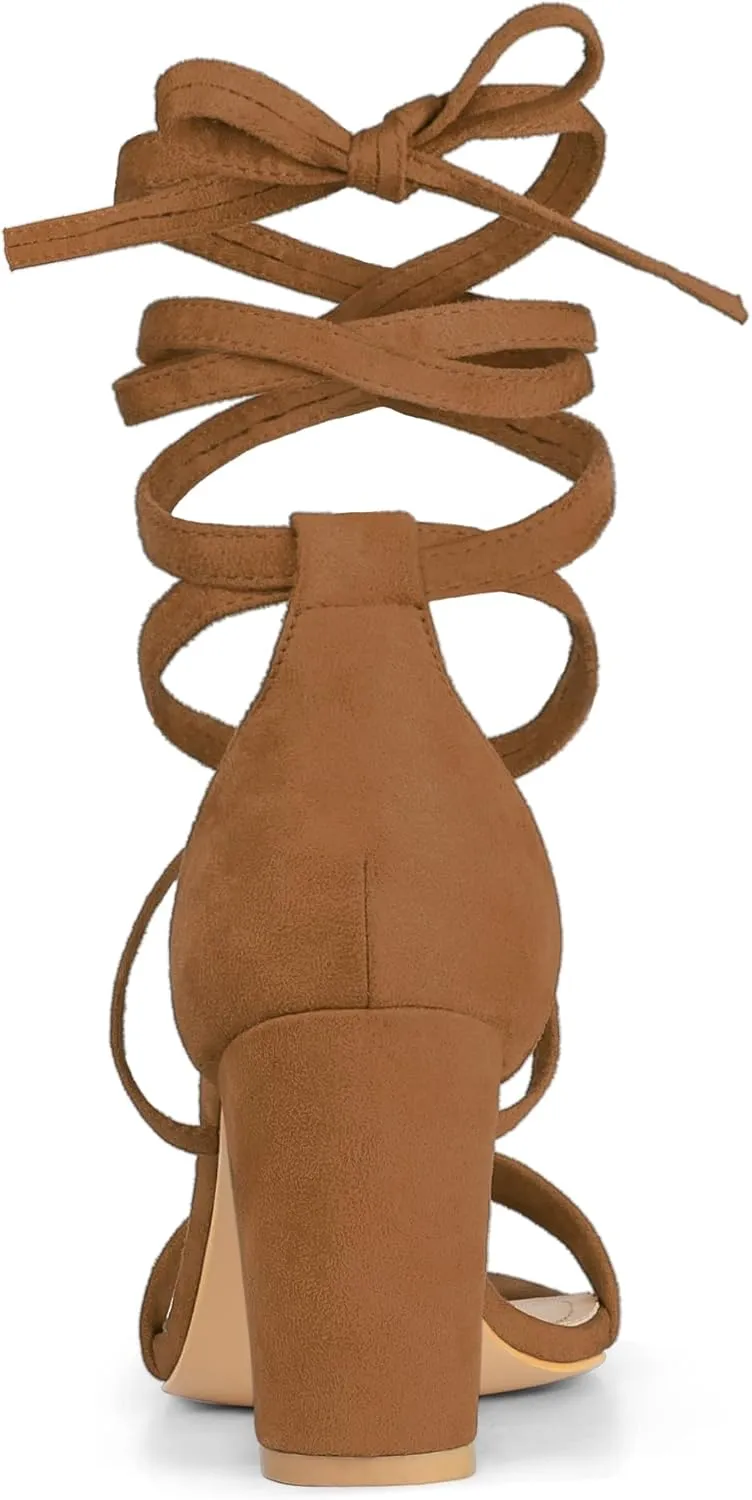 Allegra K Women's Strappy Lace Up Heel Chunky High Heels Sandals