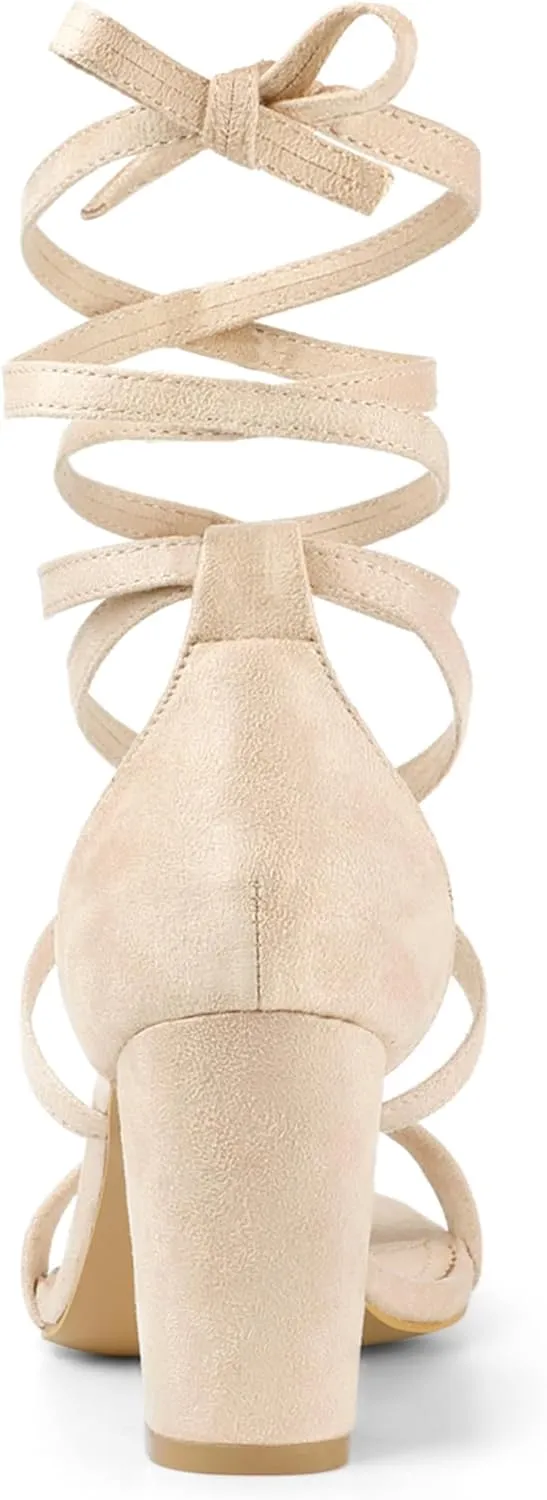 Allegra K Women's Strappy Lace Up Heel Chunky High Heels Sandals