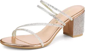Allegra K Women's Strappy Rhinestone Block Heel Slide Sandals