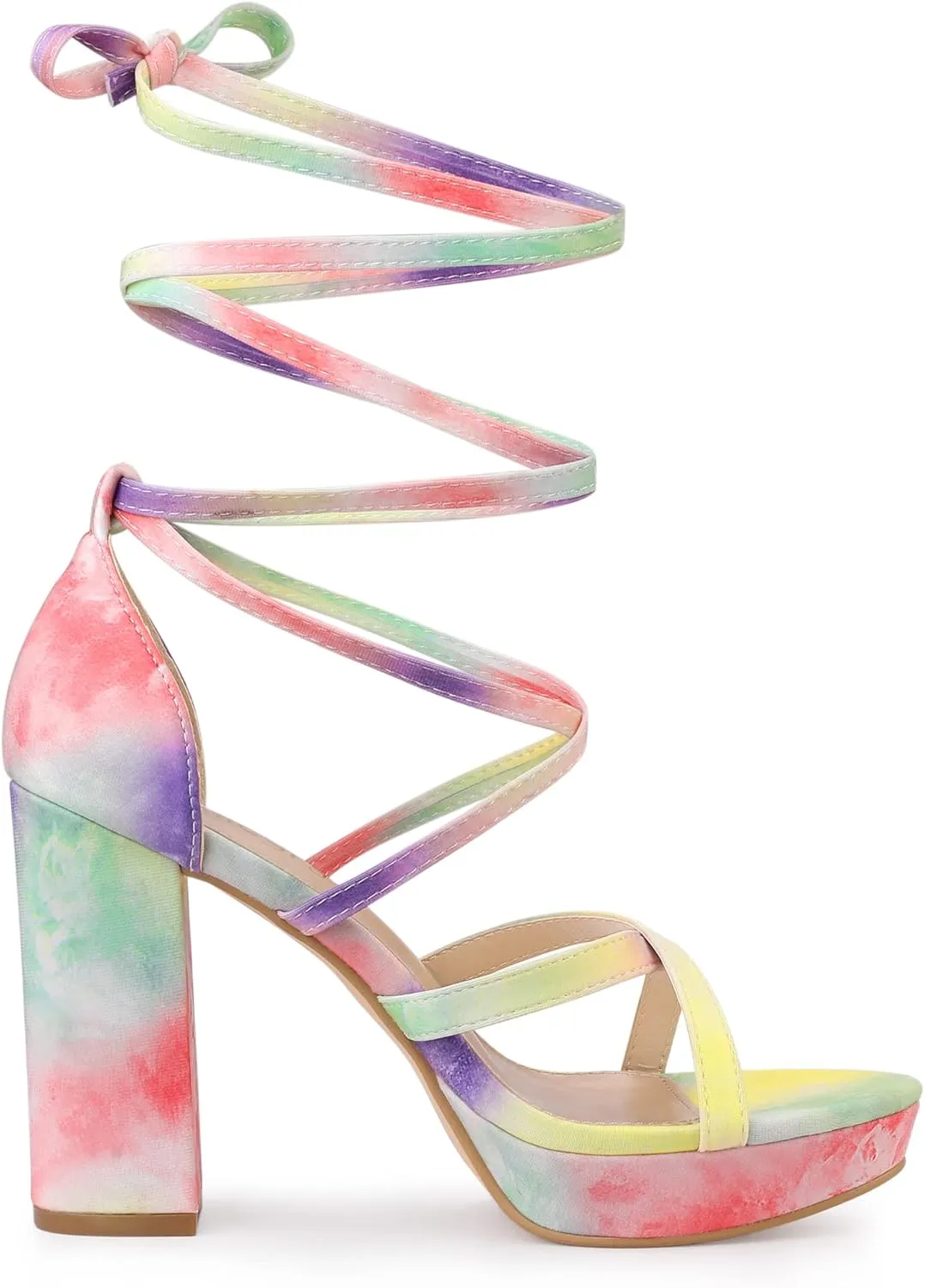 Allegra K Women's Tie Dye Platform Chunky Heel Lace Up Sandals