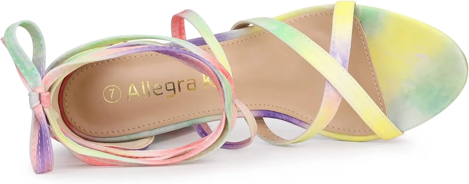 Allegra K Women's Tie Dye Platform Chunky Heel Lace Up Sandals