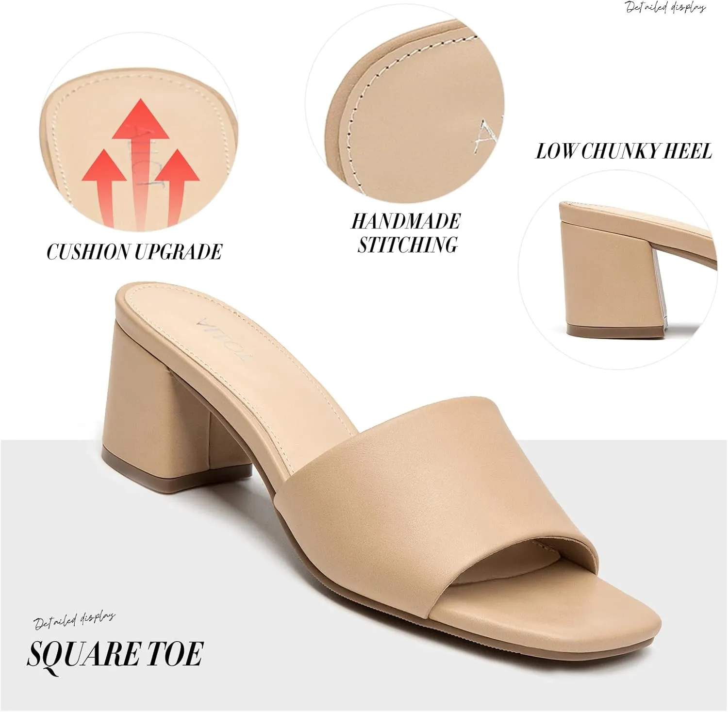 ALLOT Women's Square Toe Heeled Sandals Low Chunky Heel Comfortable Dress Heels Slip on Casual Pumps Shoes